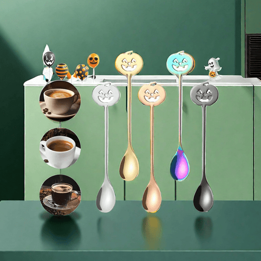 Kitchen Accessories including a Tableware Set, Stainless Steel Coffee Stirring Spoon and Dessert Stirring Spoon, along with a Halloween Special Spoon.