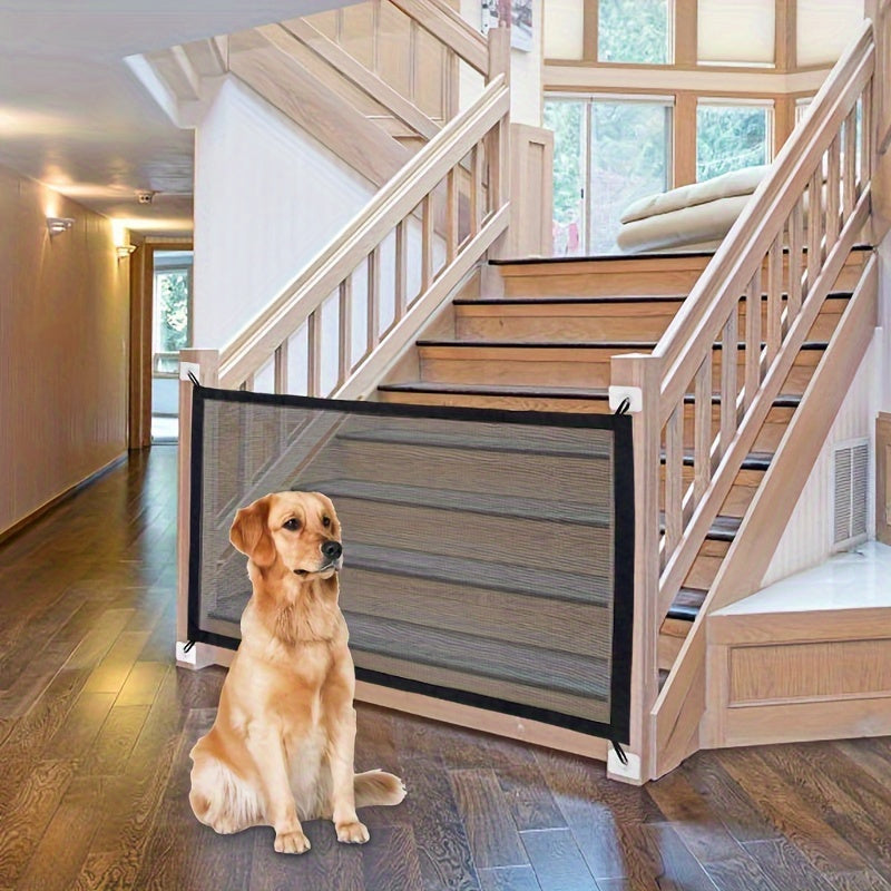 Mesh folding pet dog gate with network fence, ideal for stairs and child safety. Breathable enclosure for pets, can also be used as a playpen.