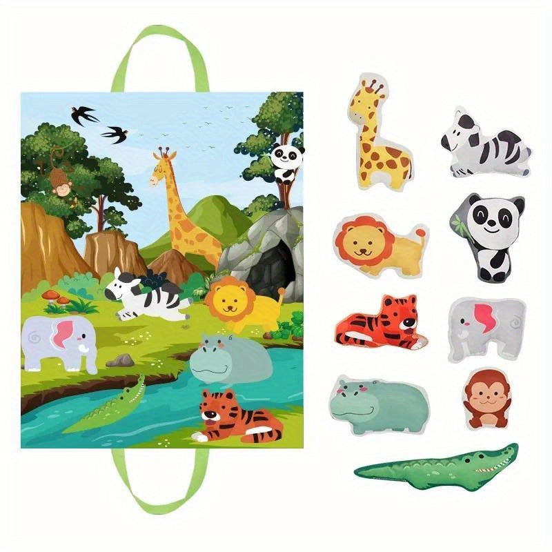 Interactive educational toy set includes push and go vehicles and animals made from polyester fabric, with play mat and carrying bag.