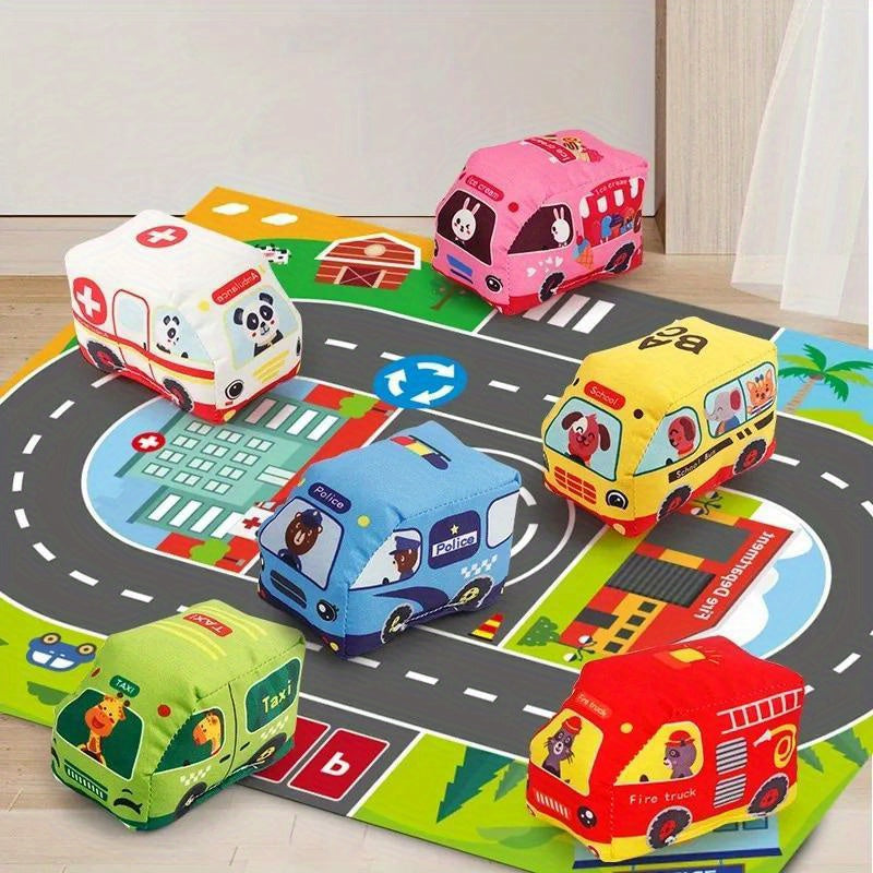 Interactive educational toy set includes push and go vehicles and animals made from polyester fabric, with play mat and carrying bag.