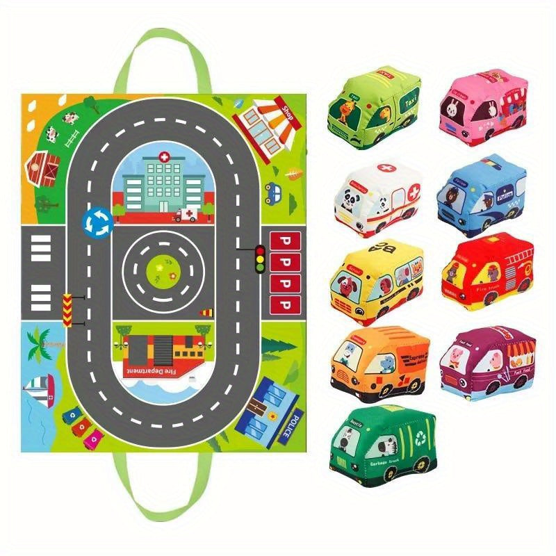 Interactive educational toy set includes push and go vehicles and animals made from polyester fabric, with play mat and carrying bag.