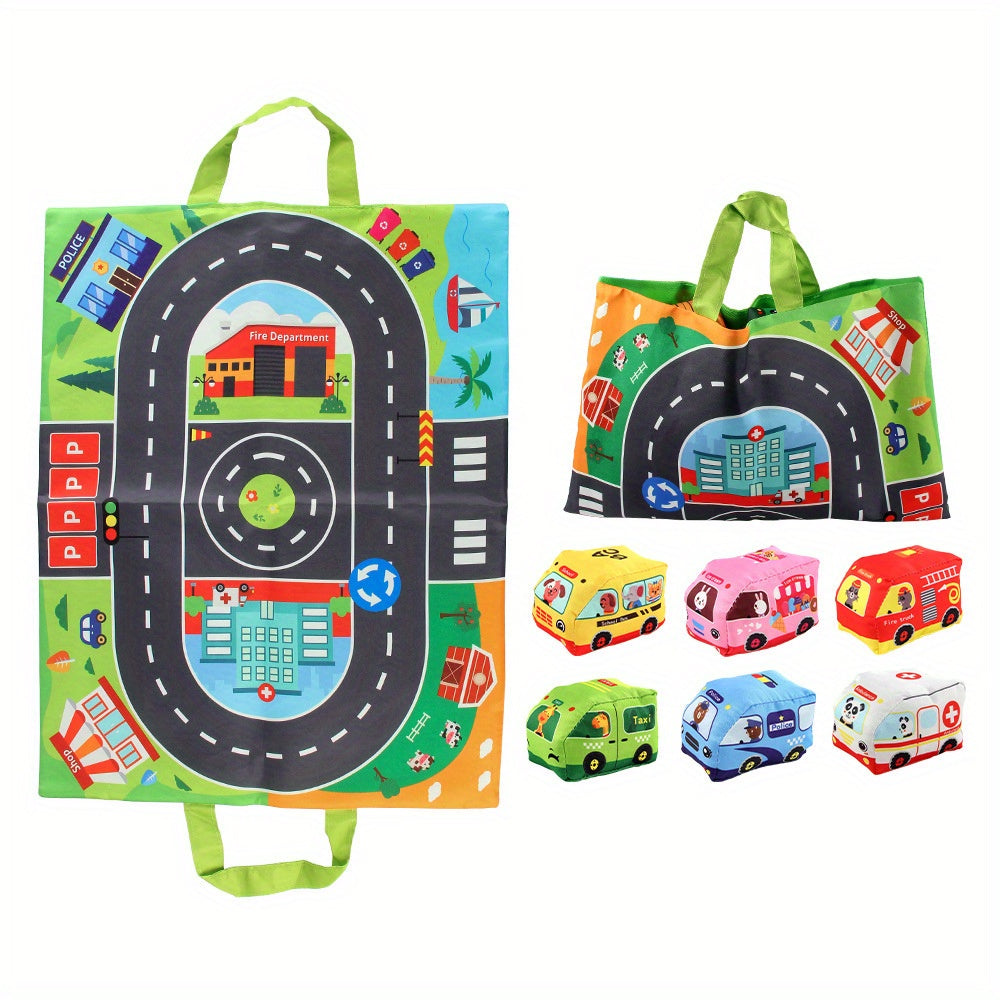 Interactive educational toy set includes push and go vehicles and animals made from polyester fabric, with play mat and carrying bag.