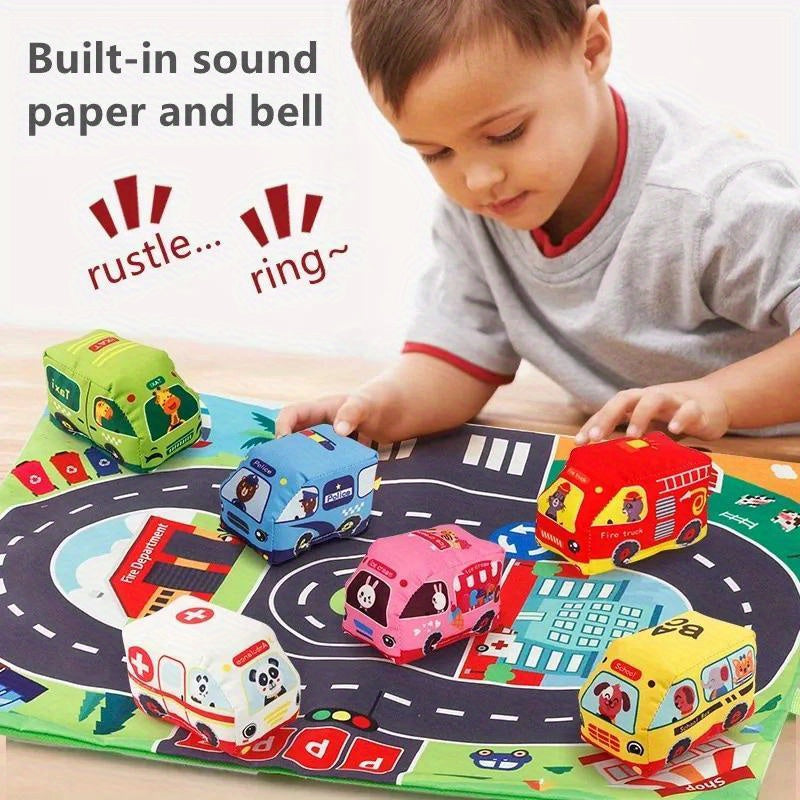 Interactive educational toy set includes push and go vehicles and animals made from polyester fabric, with play mat and carrying bag.