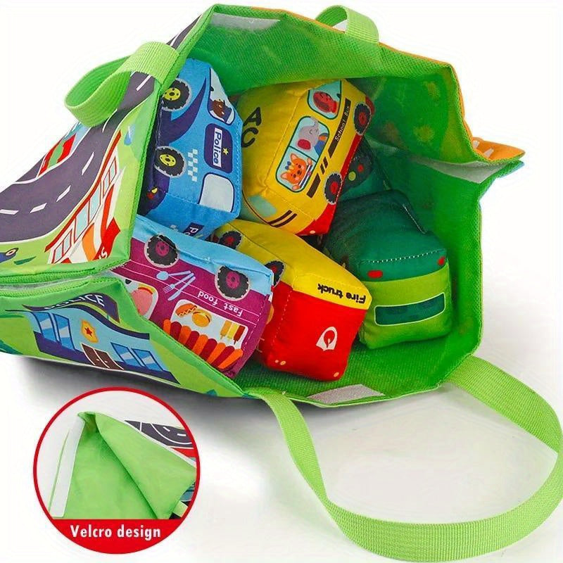 Interactive educational toy set includes push and go vehicles and animals made from polyester fabric, with play mat and carrying bag.