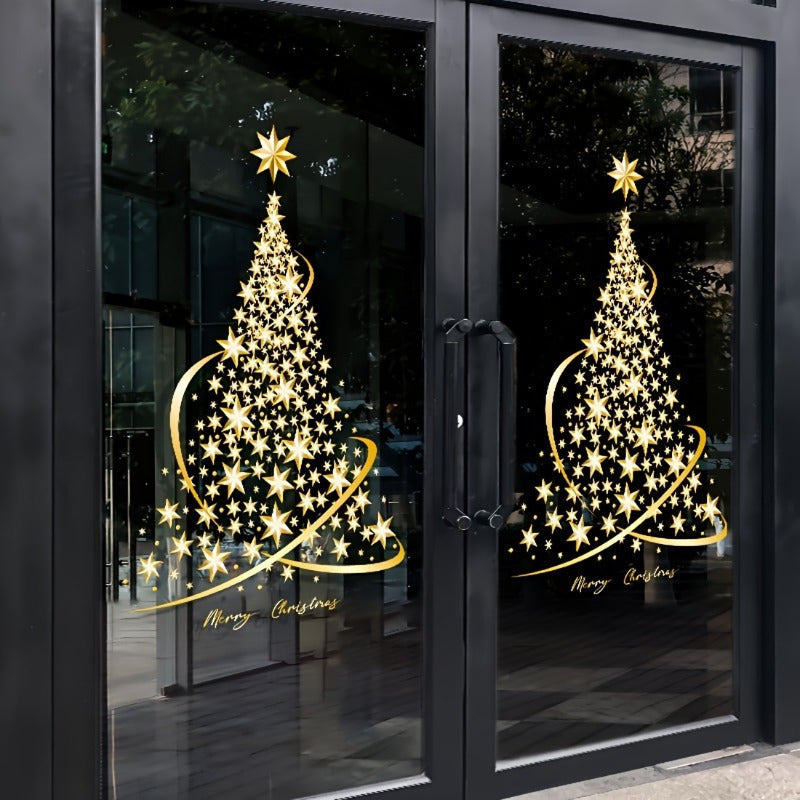 Shimmering Gold Christmas Tree Window Clings - Simple Peel & Stick, Reusable Decals for Glass Doors and Walls, Classic Home Decor