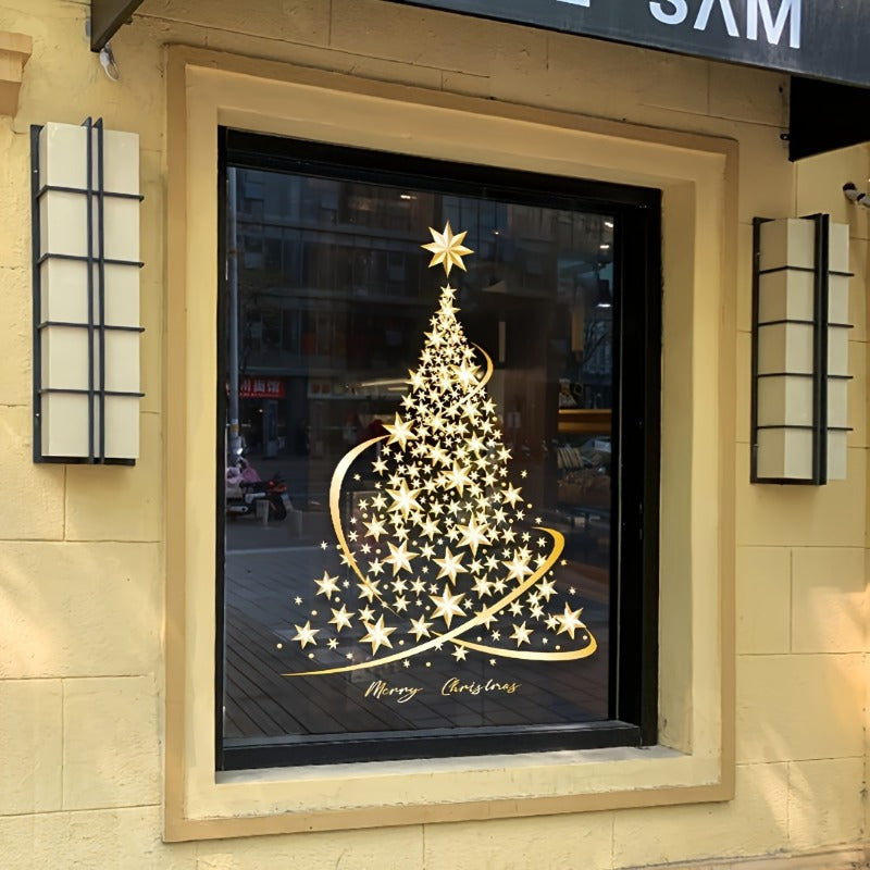 Shimmering Gold Christmas Tree Window Clings - Simple Peel & Stick, Reusable Decals for Glass Doors and Walls, Classic Home Decor