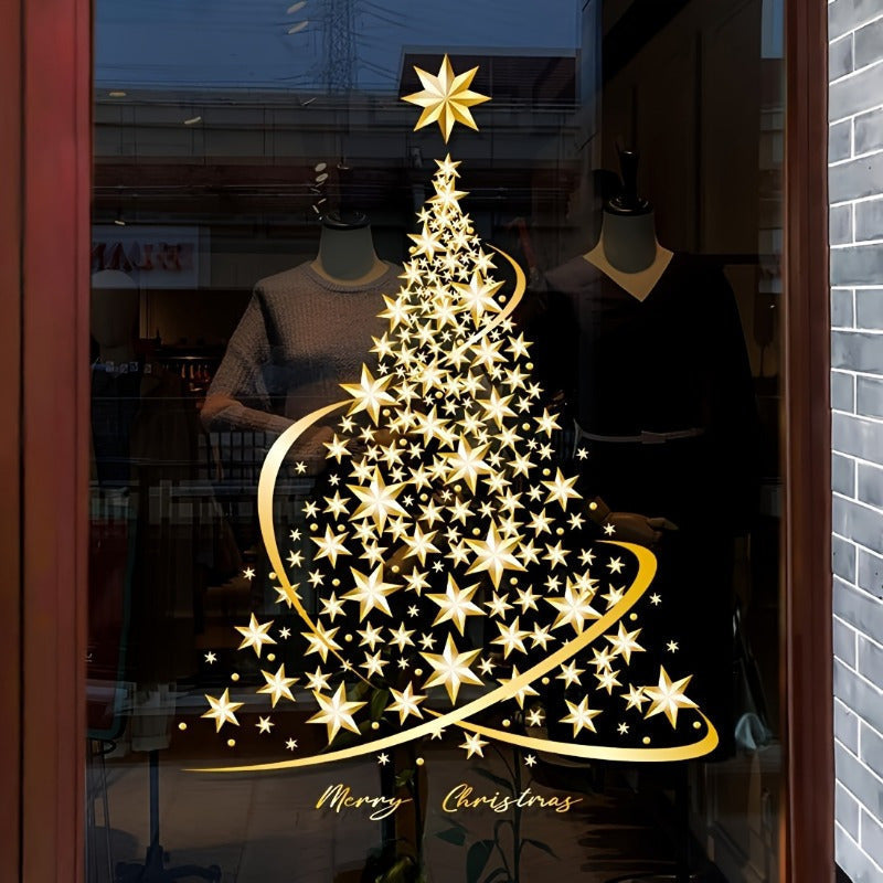 Shimmering Gold Christmas Tree Window Clings - Simple Peel & Stick, Reusable Decals for Glass Doors and Walls, Classic Home Decor