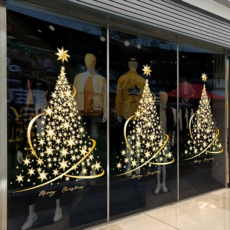 Shimmering Gold Christmas Tree Window Clings - Simple Peel & Stick, Reusable Decals for Glass Doors and Walls, Classic Home Decor