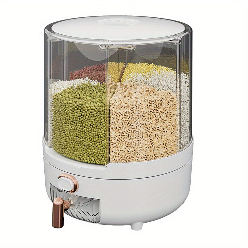 6-compartment rotating cereal dispenser made from PET material with flip top lid. Ideal for storing rice and grains, airtight and moisture-proof design for pest control. Hand washable and