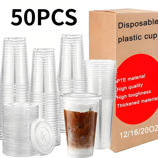 Pack of 50 Disposable Plastic Cups with Lids - Versatile, Clear Drink Containers for Juice, Coffee, Parties, and Picnics - Eco-Friendly and Recyclable - Hand Wash Recommended