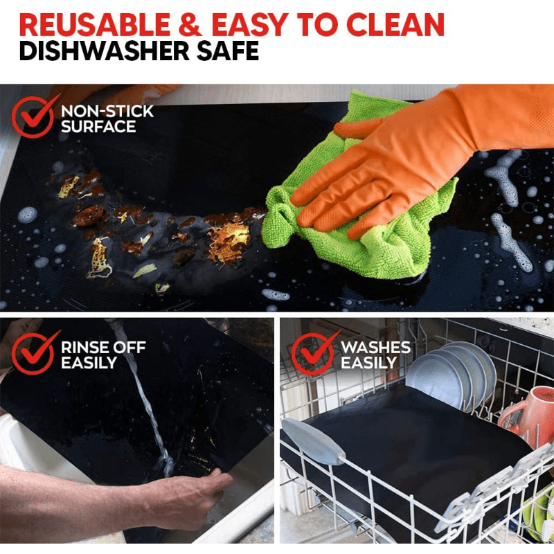 Set of 3 non-stick Teflon oven liners, perfect for electric and gas ovens. These heavy-duty, reusable mats are heat resistant up to 500°F, BPA and PFOA free. Ideal for use in the kitchen and BBQ.