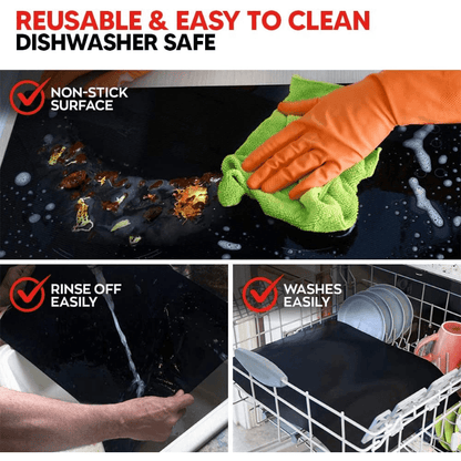 Set of 3 non-stick Teflon oven liners, perfect for electric and gas ovens. These heavy-duty, reusable mats are heat resistant up to 500°F, BPA and PFOA free. Ideal for use in the kitchen and BBQ.