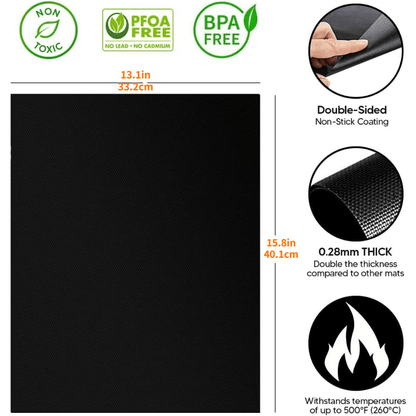 Set of 3 non-stick Teflon oven liners, perfect for electric and gas ovens. These heavy-duty, reusable mats are heat resistant up to 500°F, BPA and PFOA free. Ideal for use in the kitchen and BBQ.