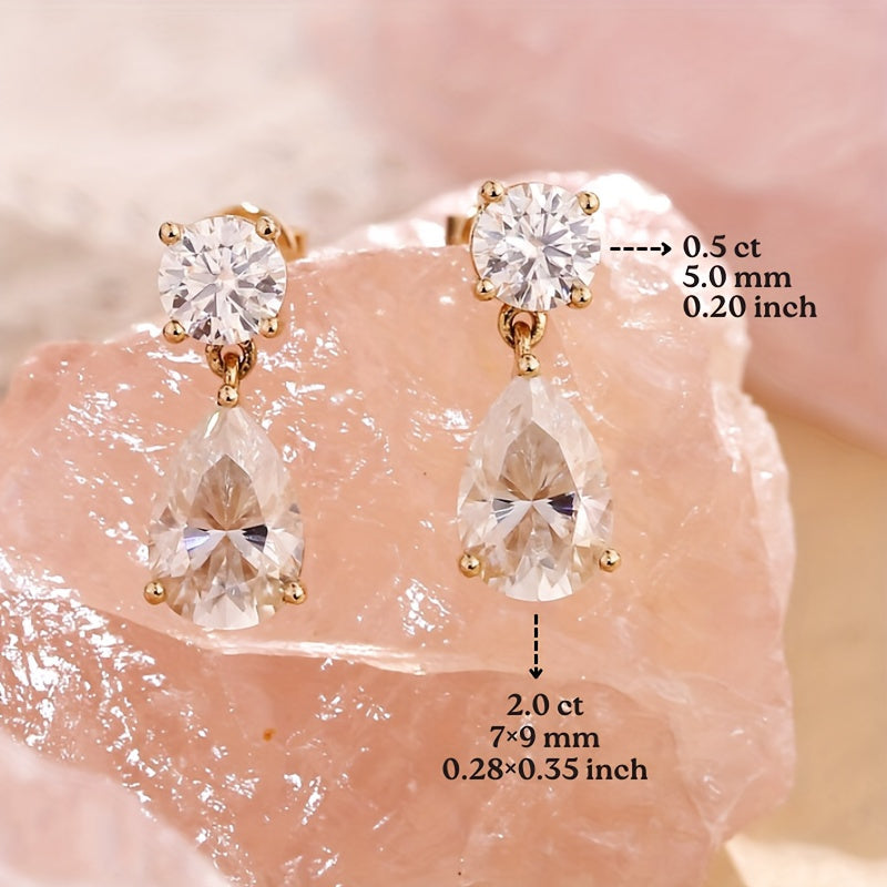 Pair of Moissanite Stud Dangle Earrings with 2pcs 1.7g 2.5ct Pear Moissanite Stones, Delicate Drop Earrings, Perfect Birthday or Anniversary Gift for Teens