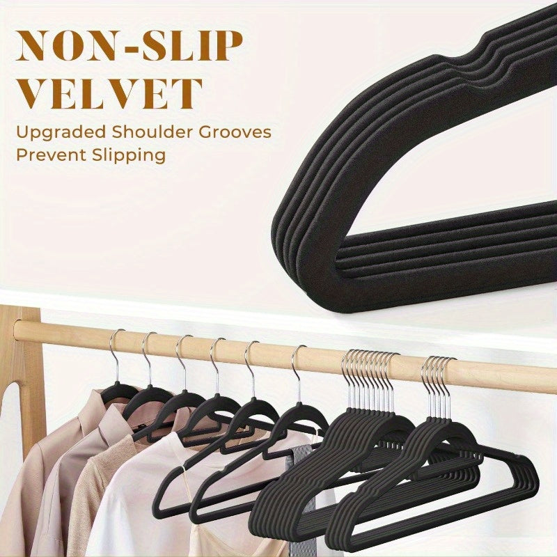 Get organized with a 50-pack of velvet hangers featuring a convenient tie bar, non-slip flocked felt design. These heavy-duty hangers are perfect for coats, pants, dresses, suits, and more, making them essential for home organization and storage.