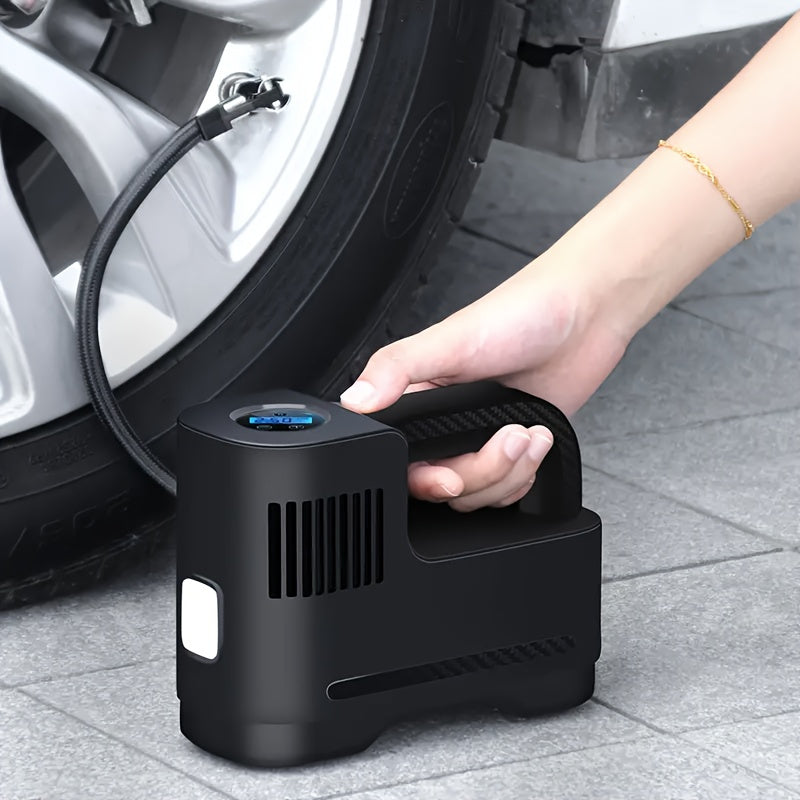 Rapidflow Portable Air Compressor Pump for cars and motorcycles, without battery, with LED light and carry rope.