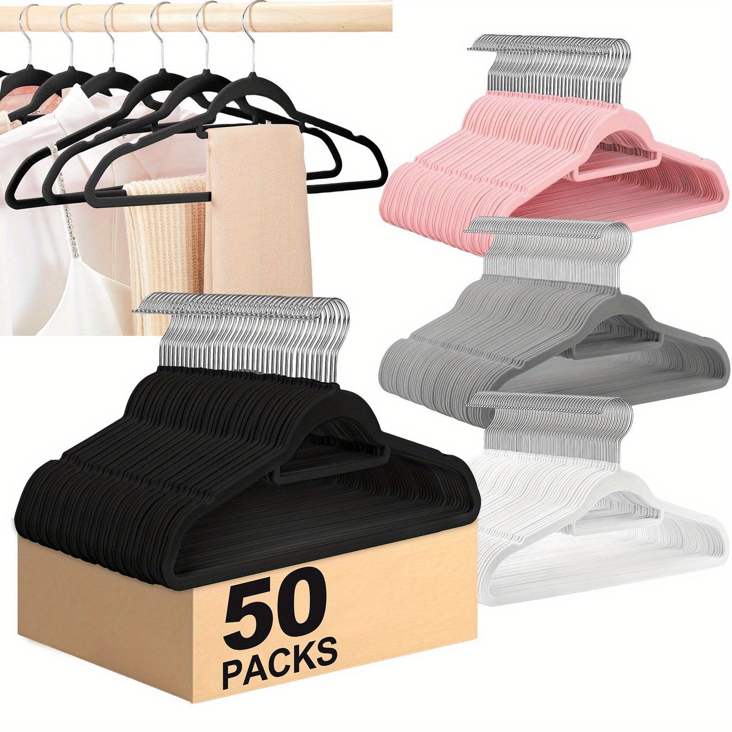 Get organized with a 50-pack of velvet hangers featuring a convenient tie bar, non-slip flocked felt design. These heavy-duty hangers are perfect for coats, pants, dresses, suits, and more, making them essential for home organization and storage.