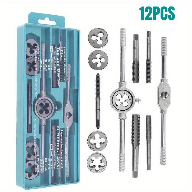 Metric screw tap and die set with 12pcs, M6-M12, made of alloy steel for precision machining in DIY and repair work.