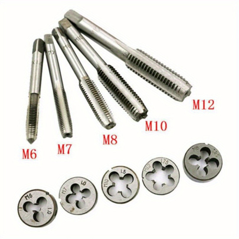 Metric screw tap and die set with 12pcs, M6-M12, made of alloy steel for precision machining in DIY and repair work.