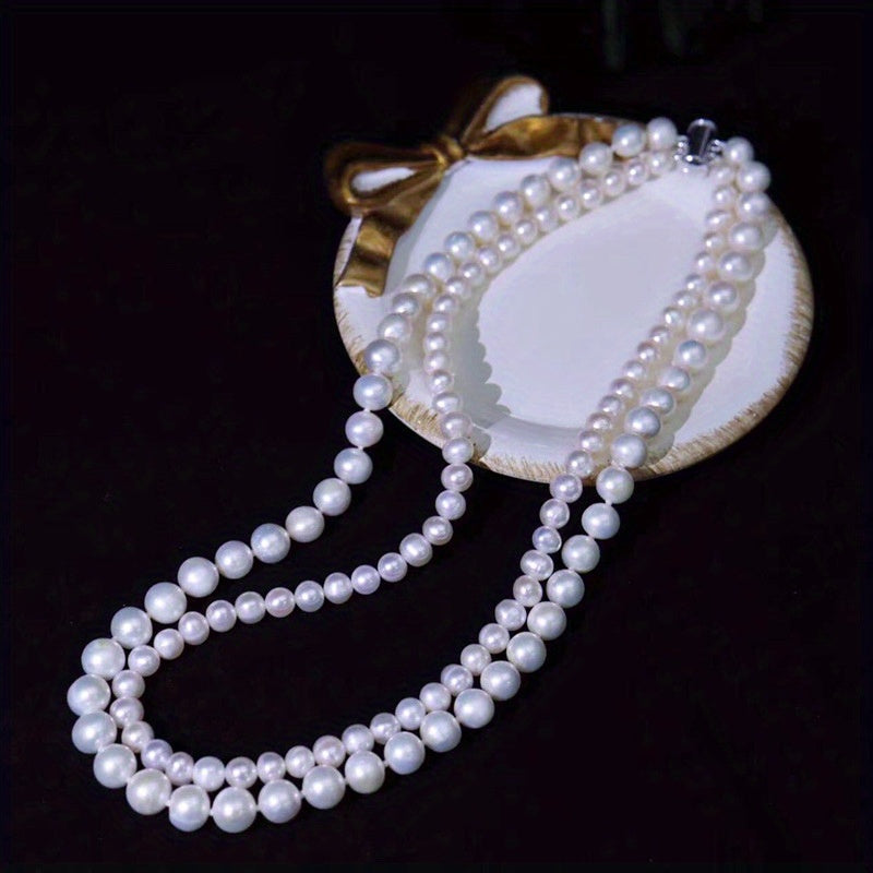 Women's Double Strand Layered Clavicle Chain Necklace with Natural Freshwater Pearls, Timeless and Elegant Fashion Piece for Daily or Special Events, Comes in a Gift Box with Minor Imperfections, Ideal for Valentine's Day Gift.