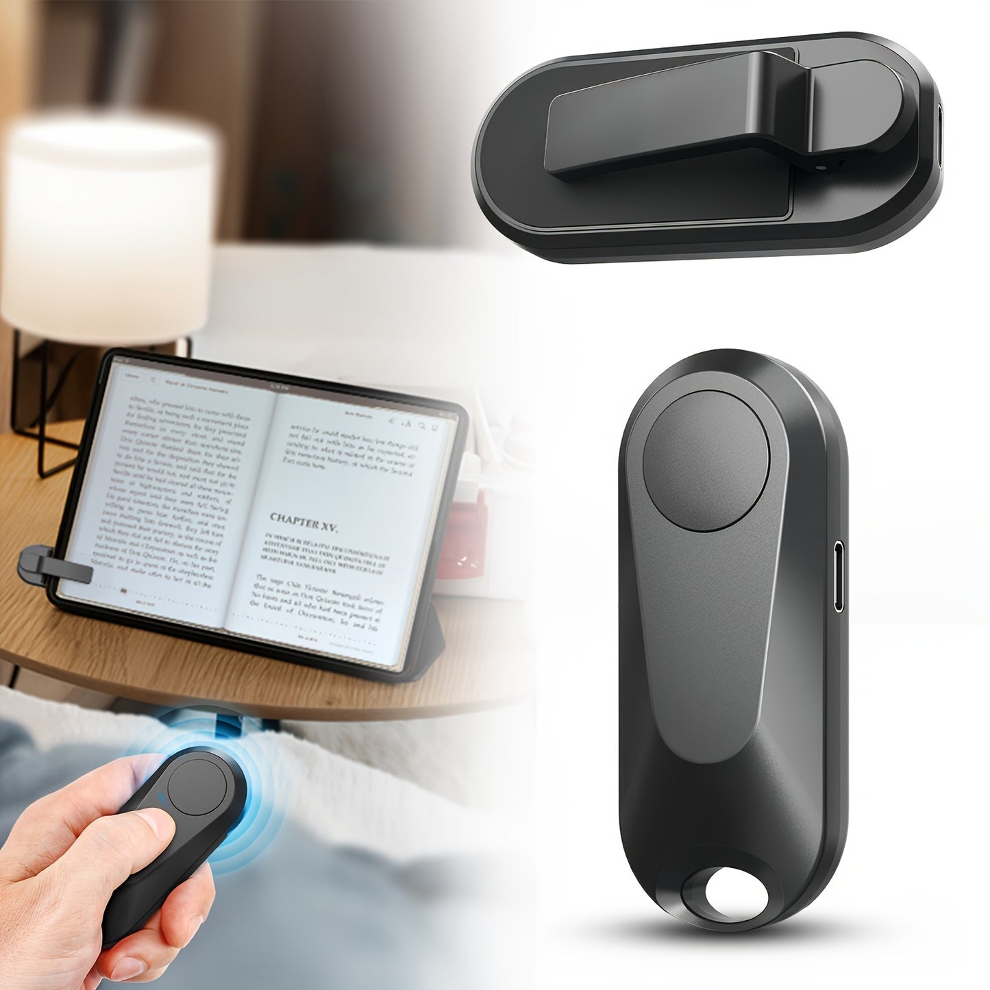 Rechargeable RF remote for turning pages and taking photos on Kindle, iPad, Surface, comics, iPhone, and Android tablets.