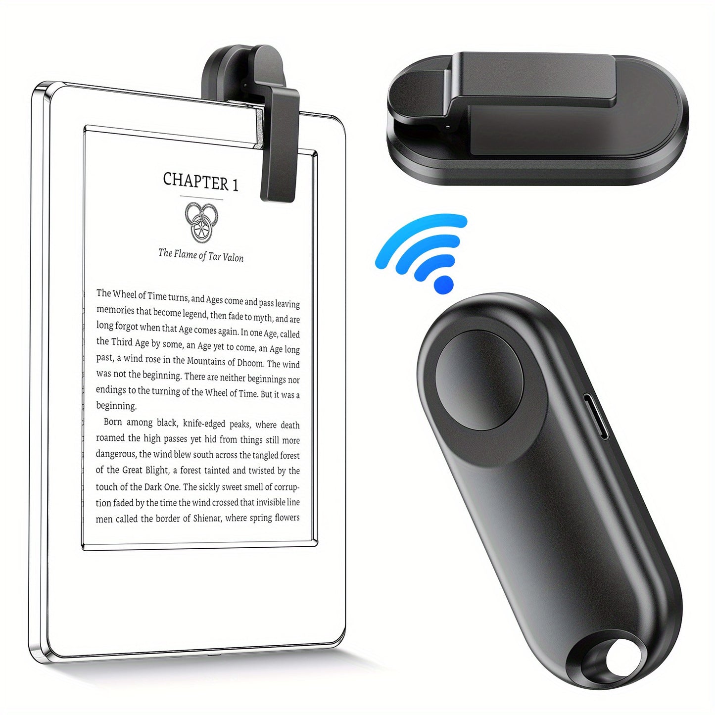 Rechargeable RF remote for turning pages and taking photos on Kindle, iPad, Surface, comics, iPhone, and Android tablets.