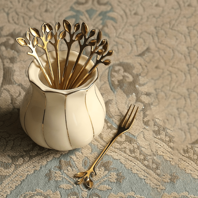 Set of 20 elegant stainless steel mini forks and coffee spoons with a golden leaf design. These utensils are durable, rust-resistant, and easy to clean, making them perfect for serving appetizers and desserts. Ideal for use at home, parties, and weddings.