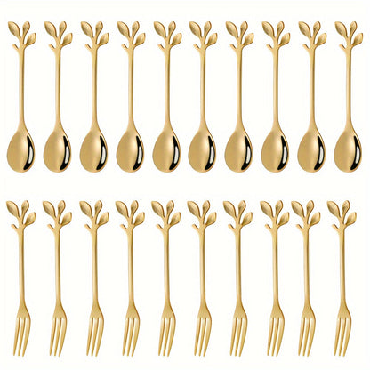 Set of 20 elegant stainless steel mini forks and coffee spoons with a golden leaf design. These utensils are durable, rust-resistant, and easy to clean, making them perfect for serving appetizers and desserts. Ideal for use at home, parties, and weddings.