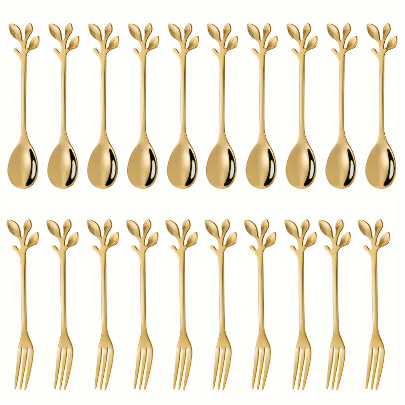 Set of 20 elegant stainless steel mini forks and coffee spoons with a golden leaf design. These utensils are durable, rust-resistant, and easy to clean, making them perfect for serving appetizers and desserts. Ideal for use at home, parties, and weddings.