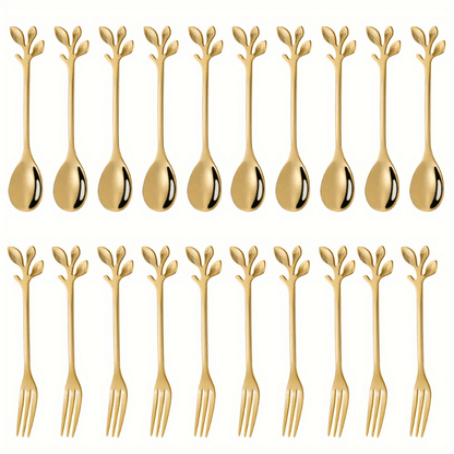 Set of 20 elegant stainless steel mini forks and coffee spoons with a golden leaf design. These utensils are durable, rust-resistant, and easy to clean, making them perfect for serving appetizers and desserts. Ideal for use at home, parties, and weddings.