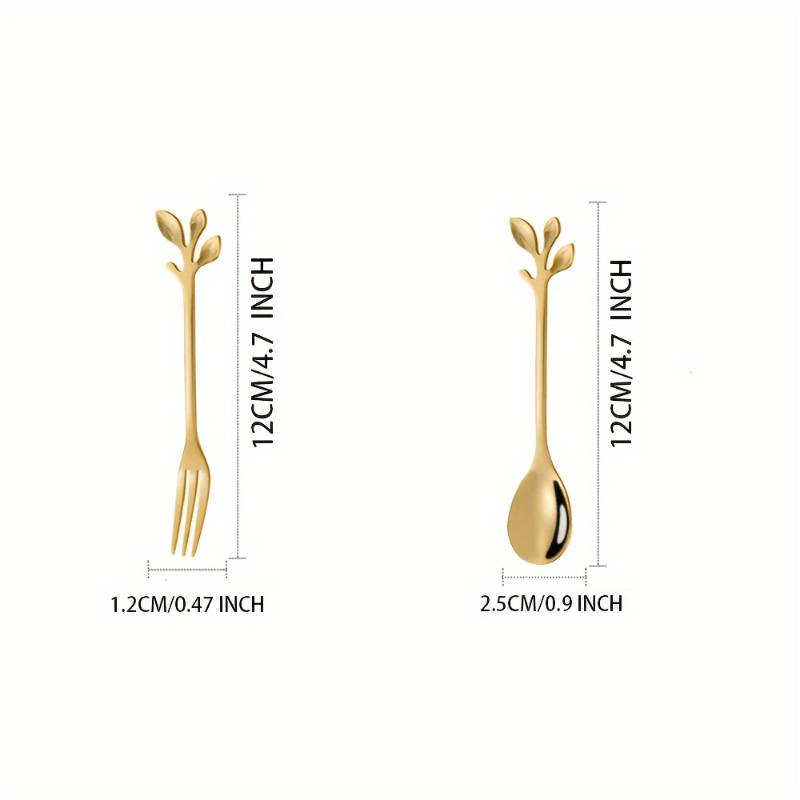 Set of 20 elegant stainless steel mini forks and coffee spoons with a golden leaf design. These utensils are durable, rust-resistant, and easy to clean, making them perfect for serving appetizers and desserts. Ideal for use at home, parties, and weddings.