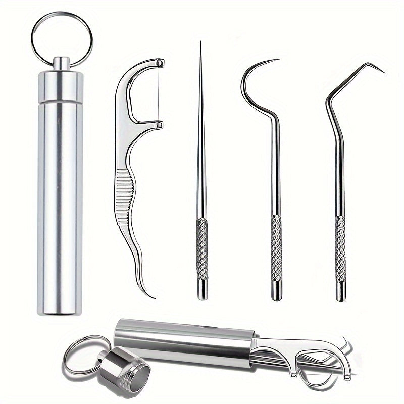 Set of 4 stainless steel reusable and washable toothpicks for deep cleaning and removing foreign objects. Includes storage box, ideal for outdoor use.