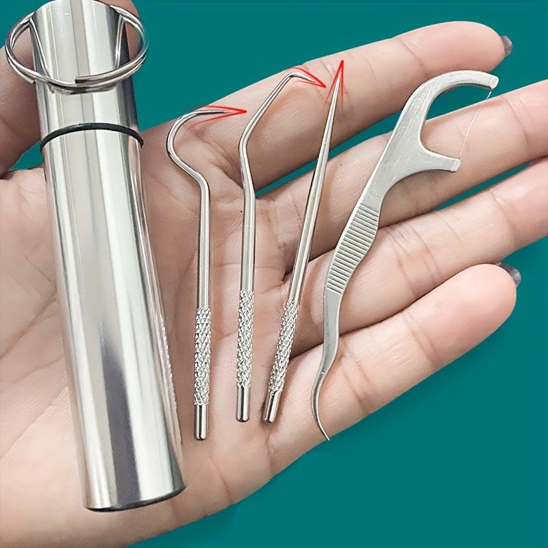 Set of 4 stainless steel reusable and washable toothpicks for deep cleaning and removing foreign objects. Includes storage box, ideal for outdoor use.