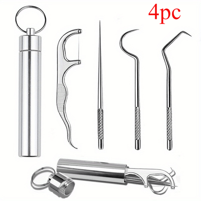 Set of 4 stainless steel reusable and washable toothpicks for deep cleaning and removing foreign objects. Includes storage box, ideal for outdoor use.