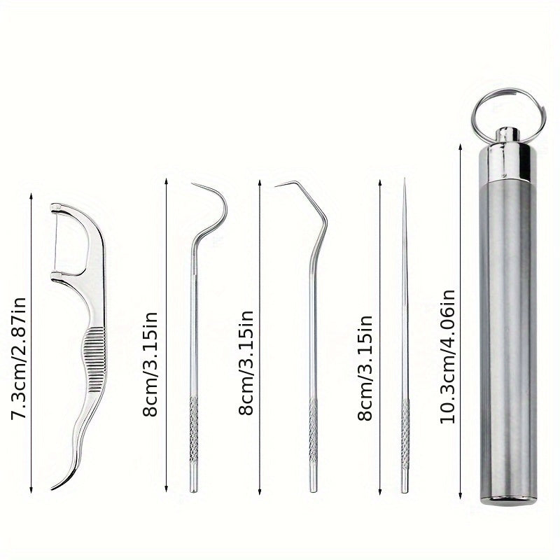 Set of 4 stainless steel reusable and washable toothpicks for deep cleaning and removing foreign objects. Includes storage box, ideal for outdoor use.