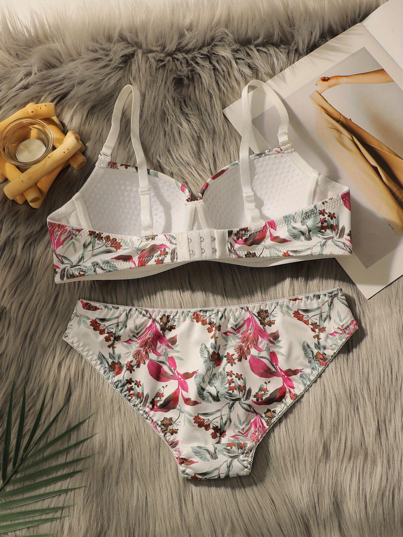 Floral print underwire push-up bra and thong set.