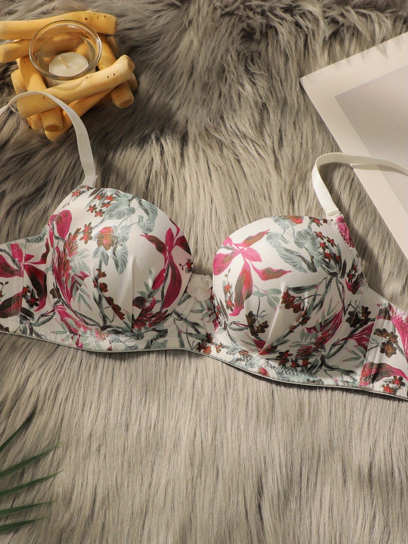 Floral print underwire push-up bra and thong set.