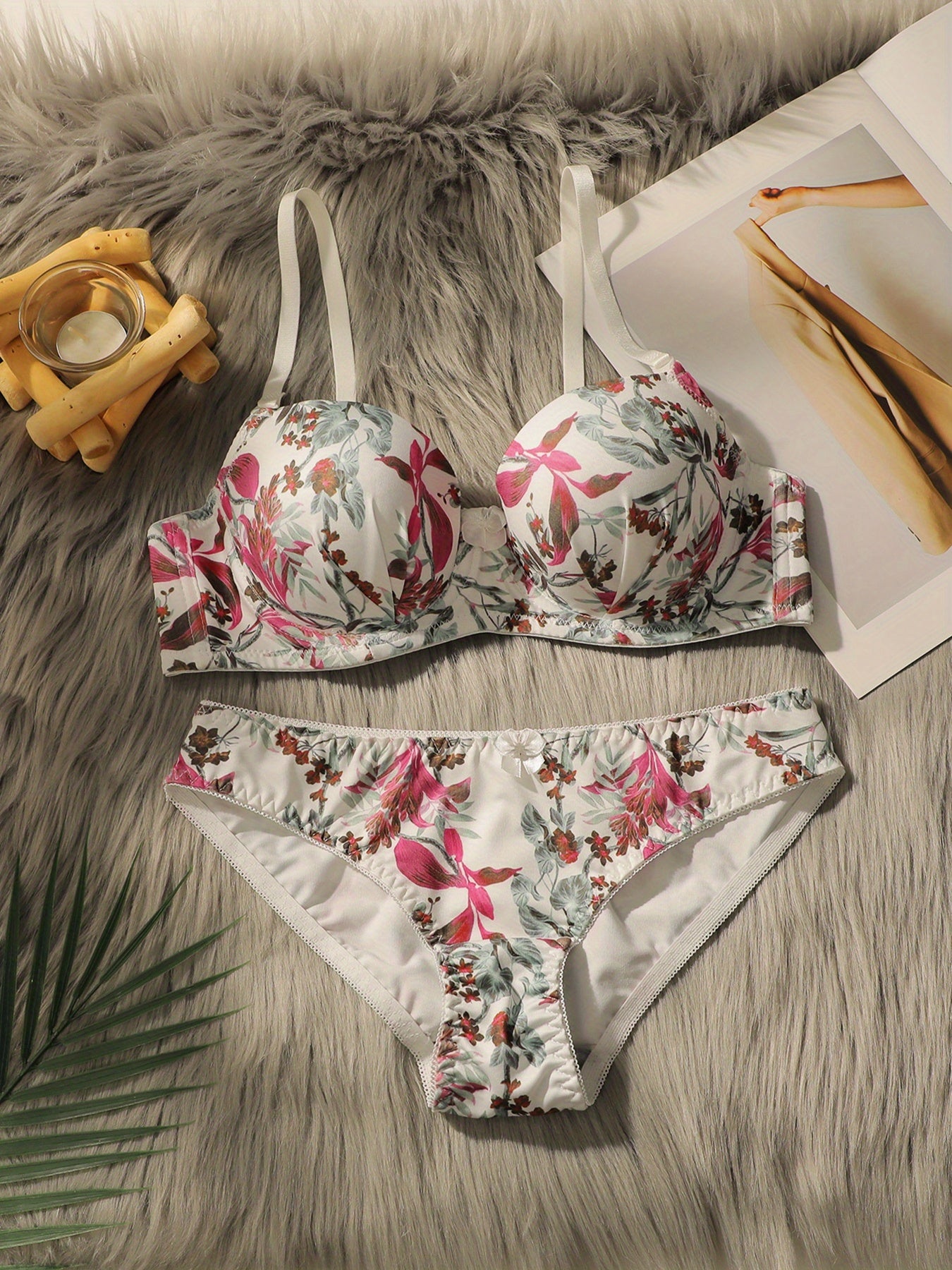 Floral print underwire push-up bra and thong set.