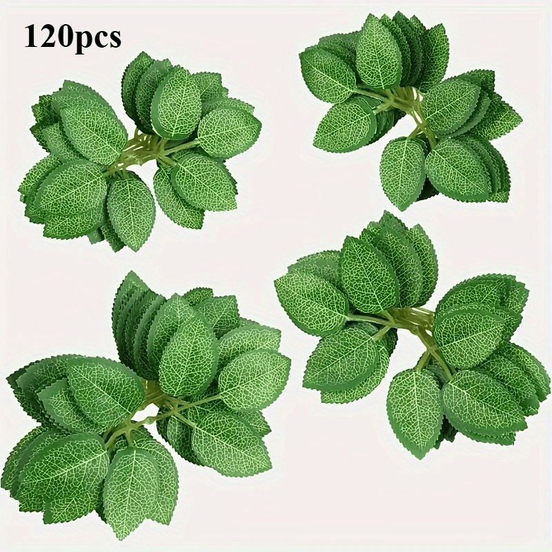 120 lifelike artificial rose leaves perfect for weddings, holidays, and floral arrangements with realistic petals and stems.