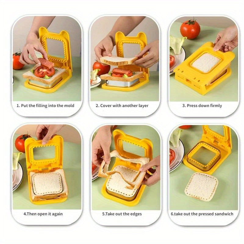 Square sandwich maker made of stainless steel, ideal for cutting breakfast bread. This hand wash safe food contact sandwich press mold can be used as a DIY kitchen gadget for creating sandwich cookies and desserts.