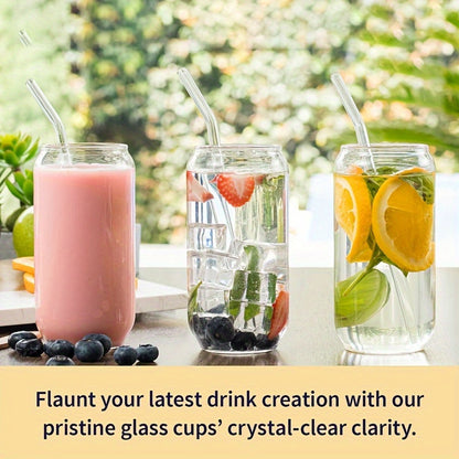 Borosilicate glass cups with lids and straws in 11.83oz, 15.22oz, and 18.6oz sizes - ideal for iced coffee, beer, and tea.