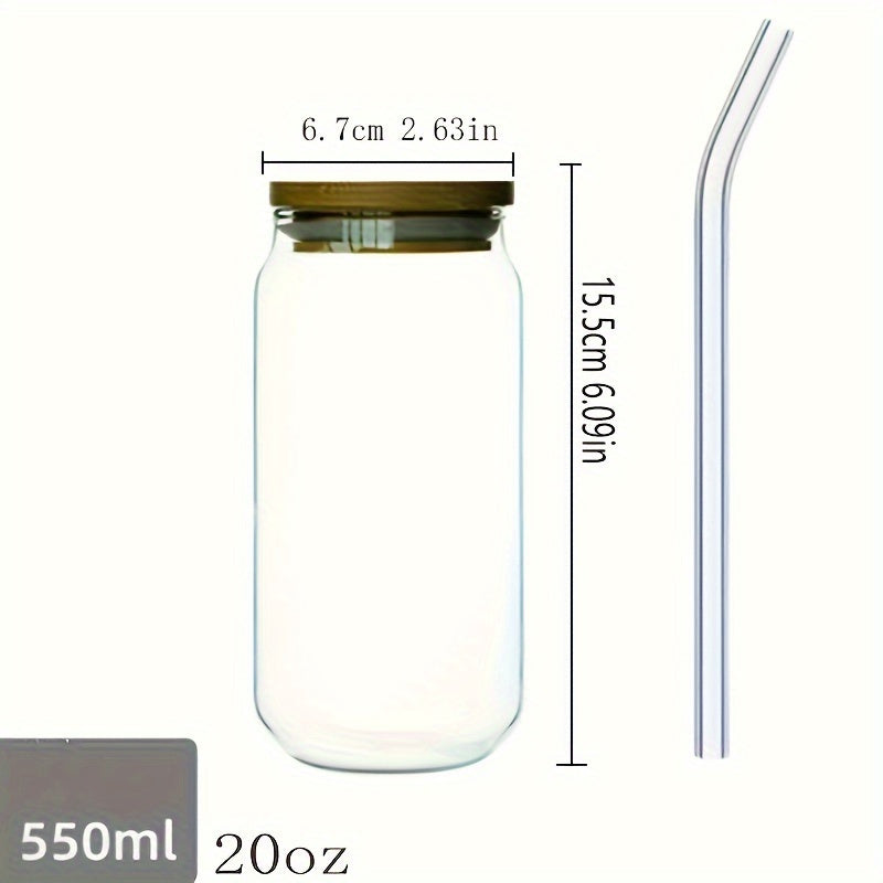 Borosilicate glass cups with lids and straws in 11.83oz, 15.22oz, and 18.6oz sizes - ideal for iced coffee, beer, and tea.