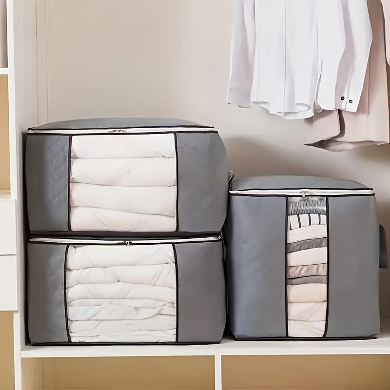 Storage bags made of foldable non-woven material - ideal for storing quilts and preventing moisture in closets. Organize blankets, bedding, and clothing with this moisture-proof closet organizer. A special feature allows for easy storage of comforters.