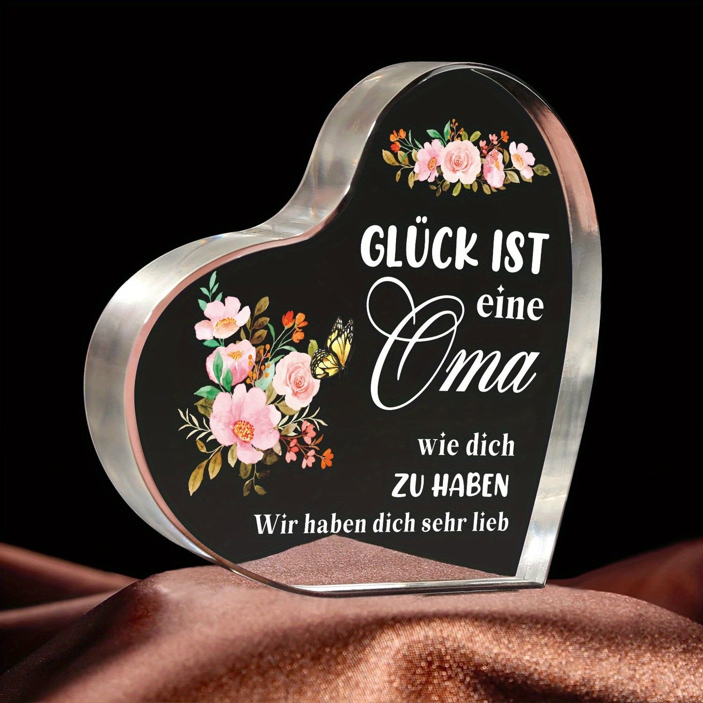 Heart-shaped acrylic plaque with engraved design for Grandma - perfect gift for birthdays, Christmas, and Thanksgiving. Features a floral design and can be used as a decorative paperweight.