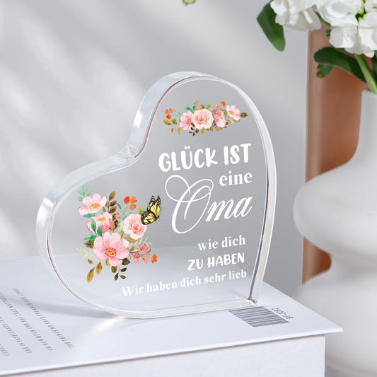 Heart-shaped acrylic plaque with engraved design for Grandma - perfect gift for birthdays, Christmas, and Thanksgiving. Features a floral design and can be used as a decorative paperweight.