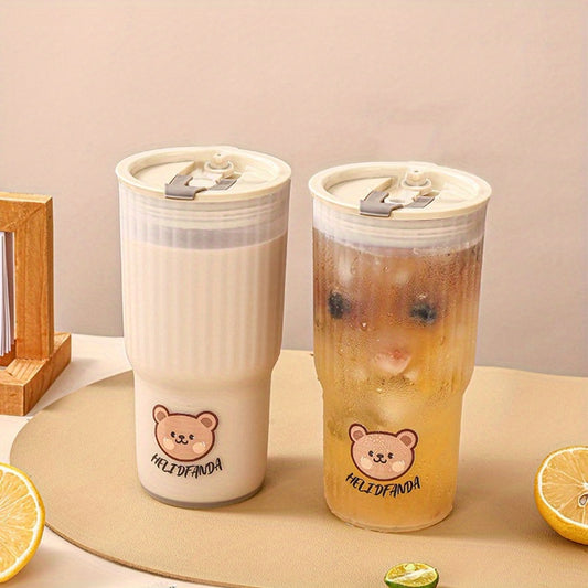 Compact adorable bear plastic water cup for on-the-go hydration, leak-proof tumbler for drinks.