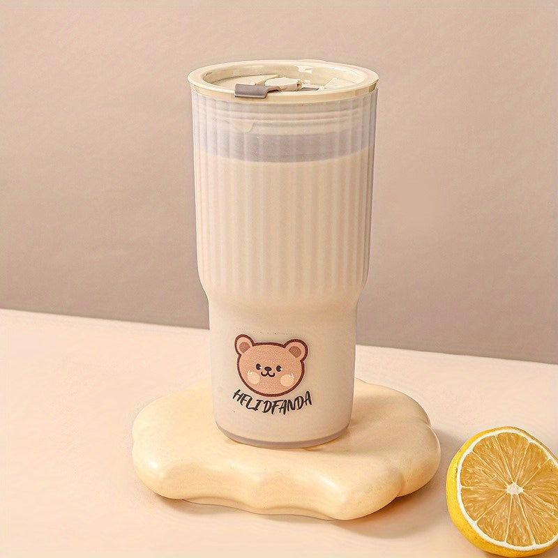 Compact adorable bear plastic water cup for on-the-go hydration, leak-proof tumbler for drinks.