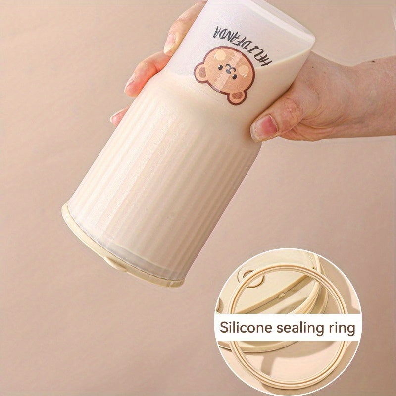 Compact adorable bear plastic water cup for on-the-go hydration, leak-proof tumbler for drinks.