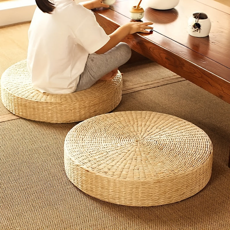 Circular Handmade Woven Pouf Ottoman - Made without Wooden Materials or Electricity, Intricately Plaited Design, Dual-Functioning Tray Top, Long-Lasting Grass Fiber Material Ideal for Tatami Mats and Bay Window Seats.