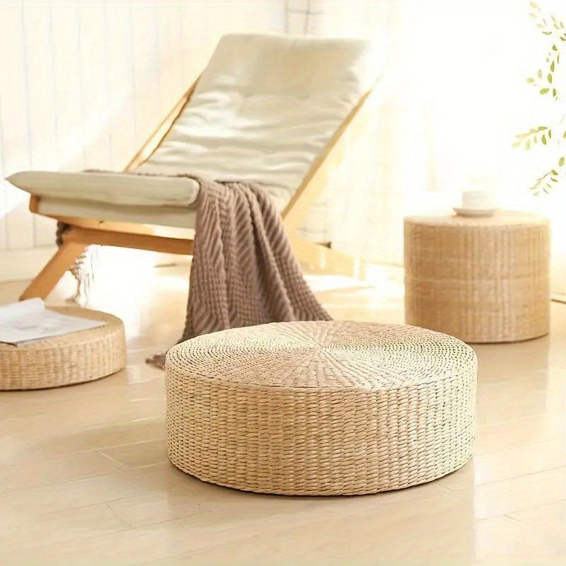 Circular Handmade Woven Pouf Ottoman - Made without Wooden Materials or Electricity, Intricately Plaited Design, Dual-Functioning Tray Top, Long-Lasting Grass Fiber Material Ideal for Tatami Mats and Bay Window Seats.